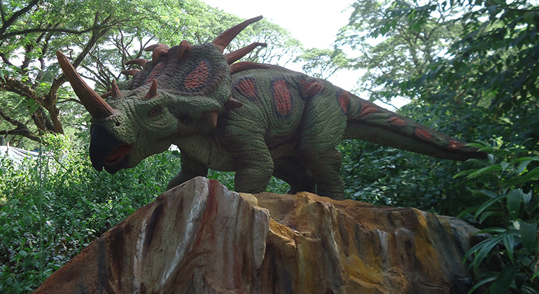 a non-feathered triceratops perched on top of a rock