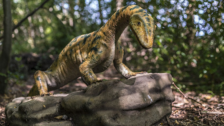 A Smaller dinosaur perched on a rock, looking down