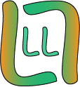 MTwo Ls with a orange-to-teal-to-orange gradient surround a smaller pair of Ls that are filled din with teal