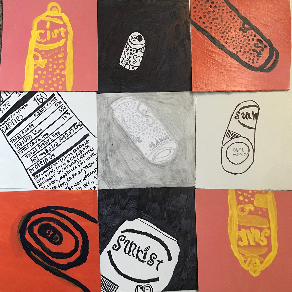 A Collage of 9 sunkist cans, four painted, four drawn in sharpie, and one colored in with pencil.