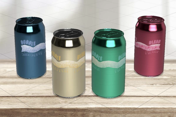 A Mockup featuring the four cans of Bubble Brew: Blueberry, Starfruit, Melon, and Lychee.