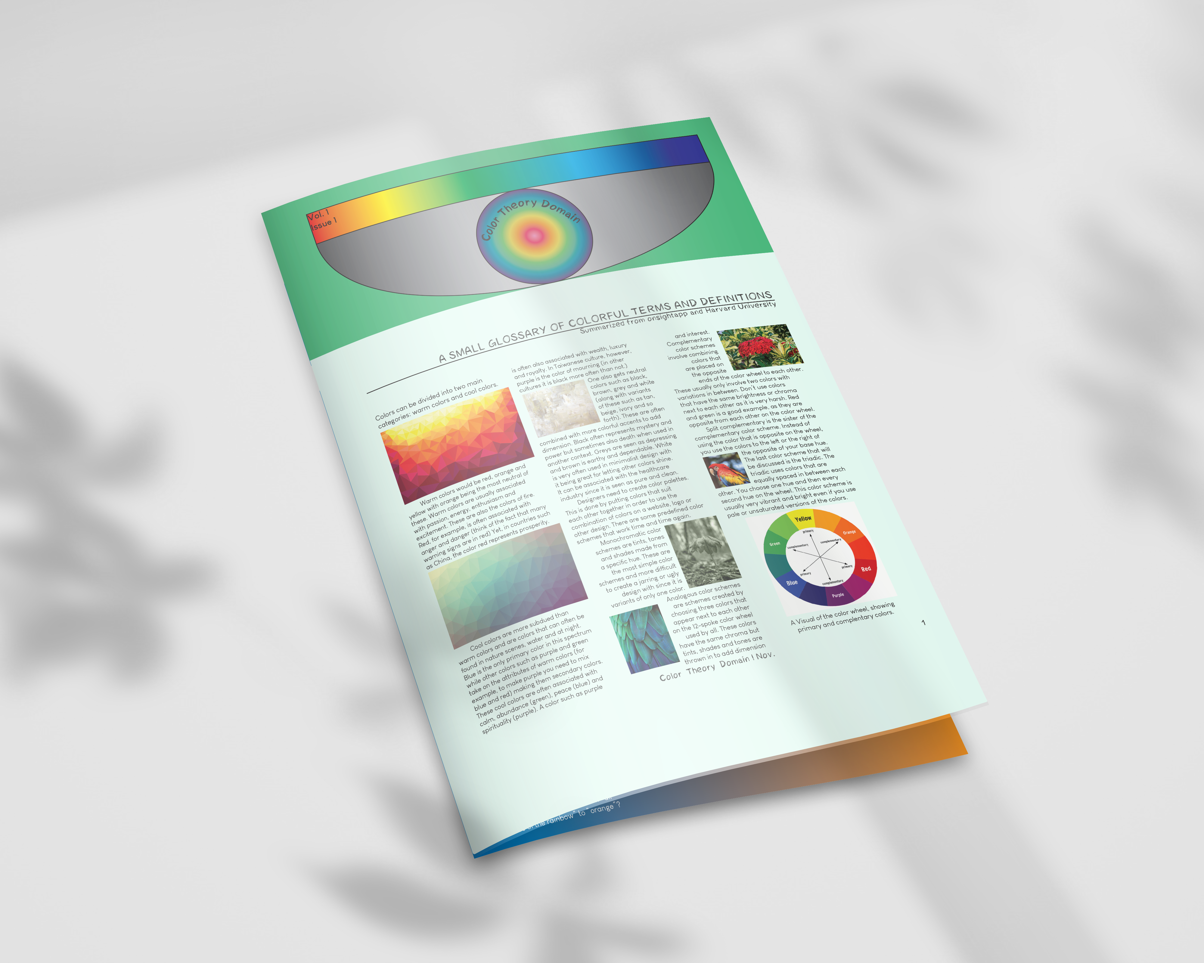 A Mockup featuring a physical copy of the Color Theory Domain. On the front page is a detailed list of colors and how they interact with one another.