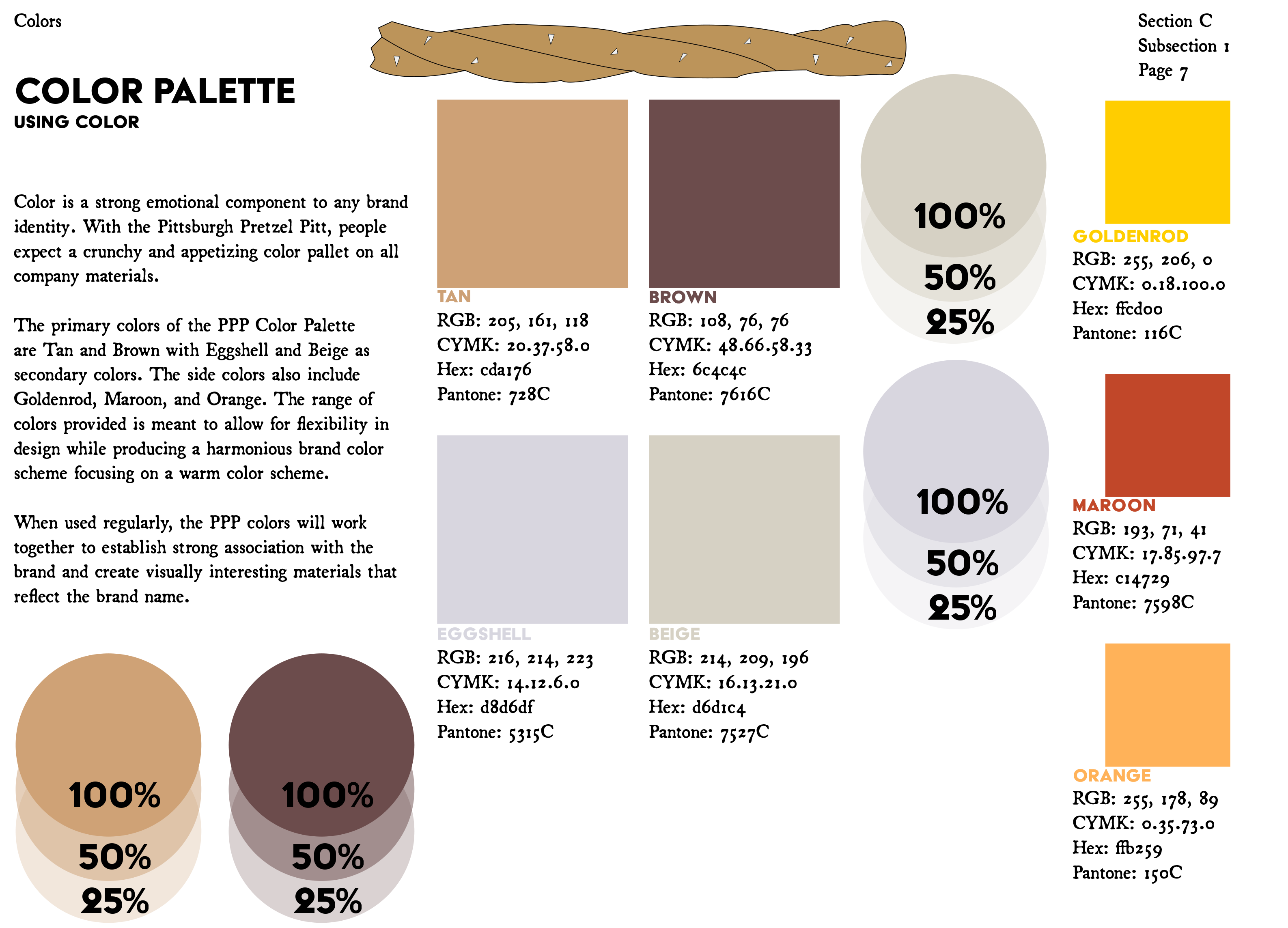 The color page for the PPP GDSM, showing the various colors that the brand uses, the exact code for the colors, the inspiration for the colors, and how they visually look.