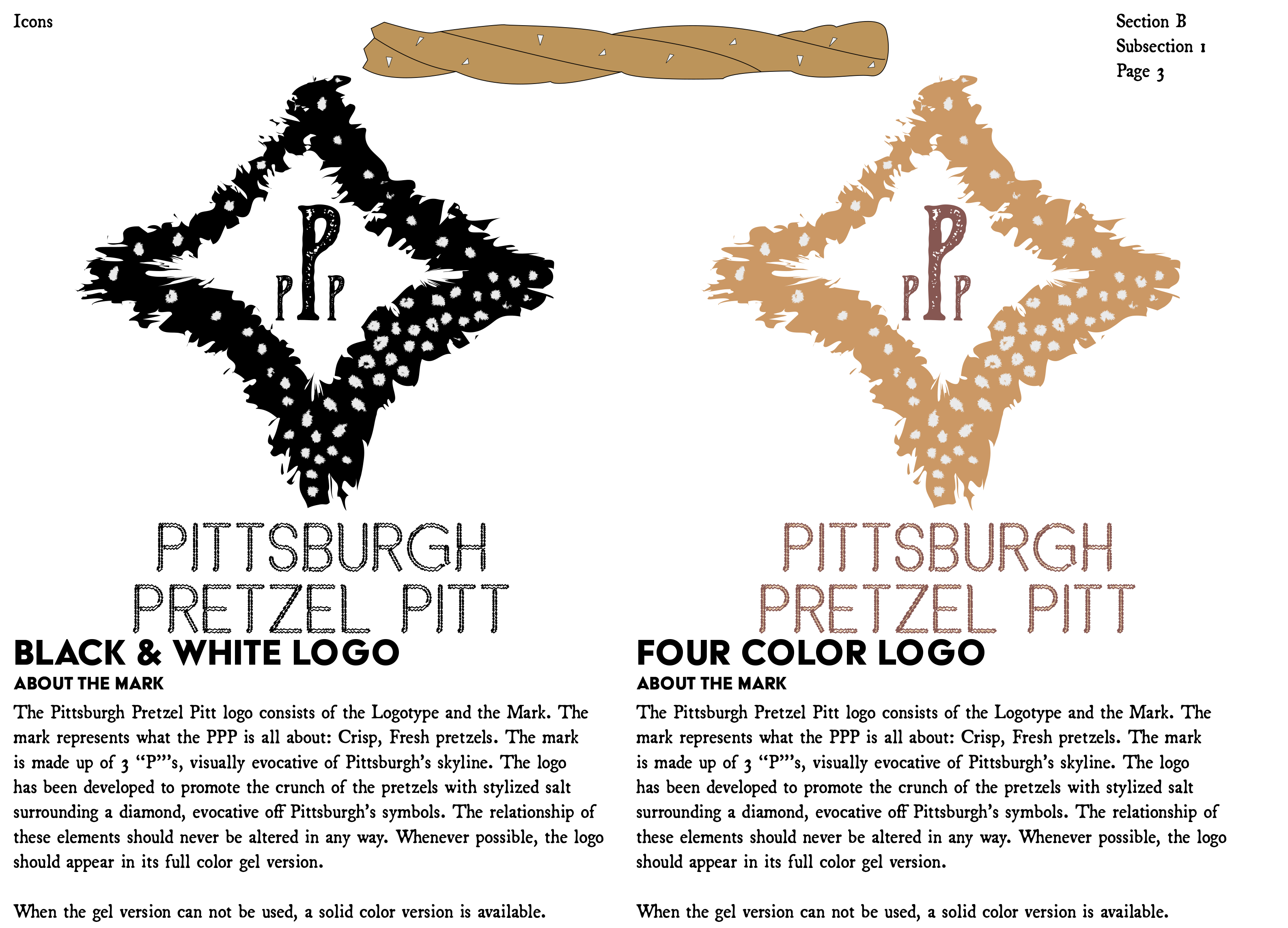 A Page showing two variations of the PPP Logo. One logo is in black & white, and the other is in three colors. The logo itself is a diamond shape with various sprinkles strewn throughout it. In the center is three P's, the middle one is larger than the other two. Beneath it reads the Pittsburgh Pretzel Pitt..