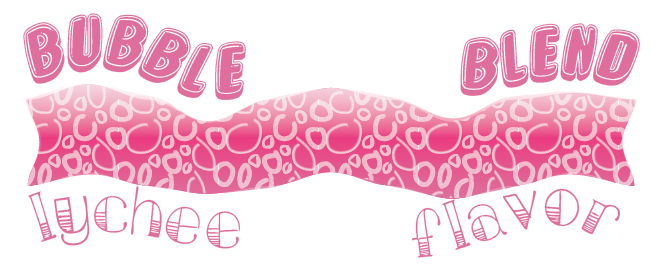 Bubble Blend is displayed above a wavy, bubbly pink ribbon. It is lychee flavored.