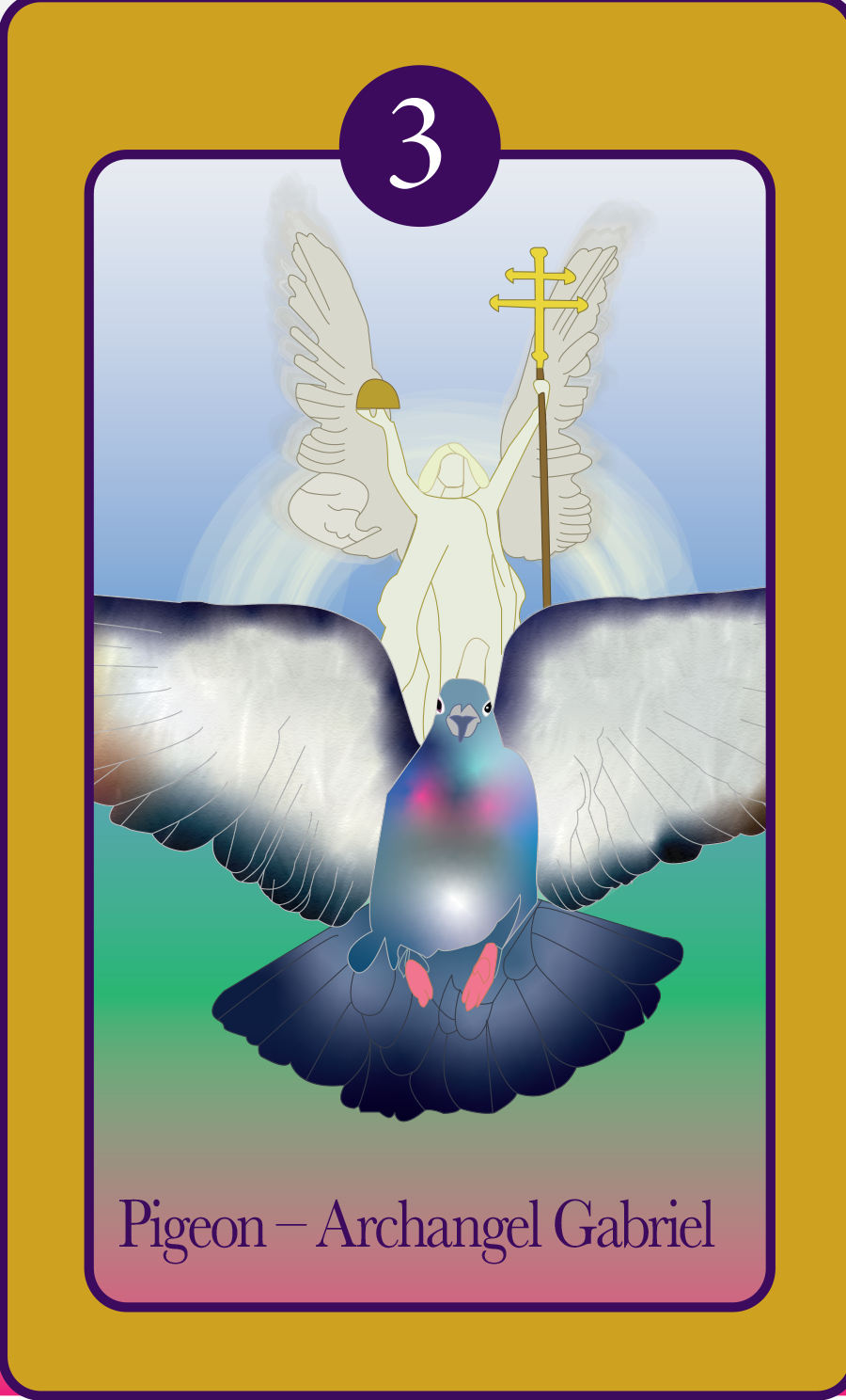 A card surrounded by a yellow background. It shows a pigeon flying at the camera. On its back is archangel gabriel, showing the viewer its divine nature.