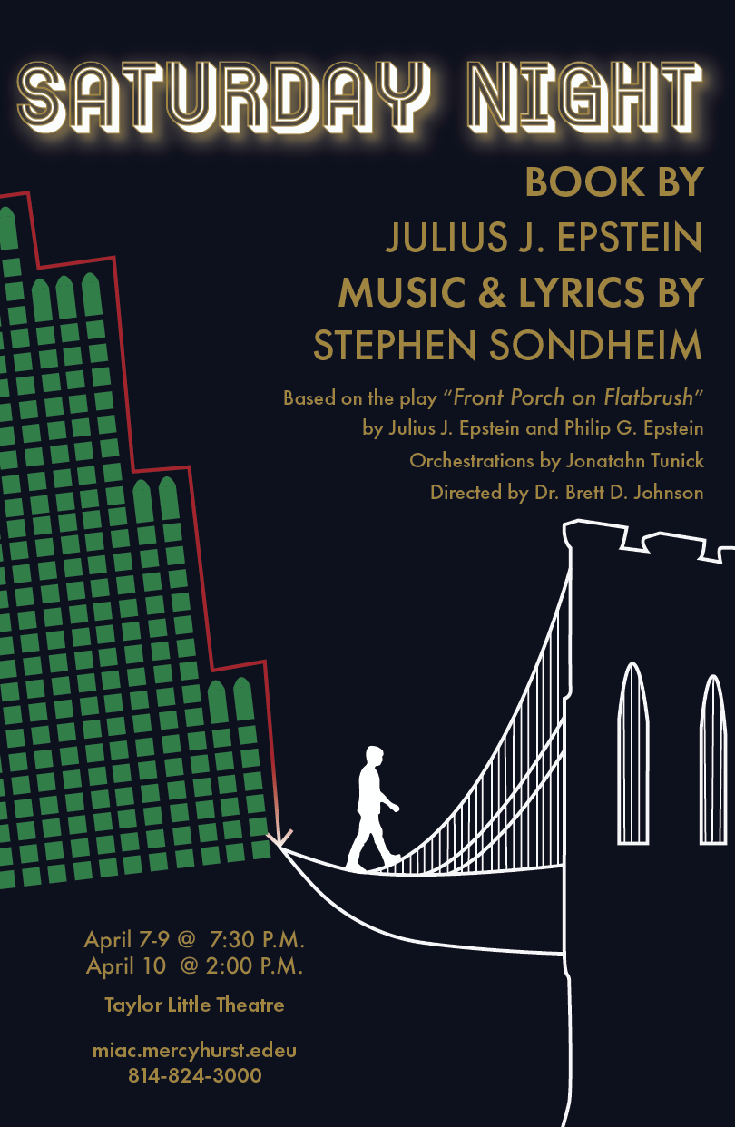 The poster for Saturday Night, showing the main character walking away from the New York City Skyline surrounded by information about the play.