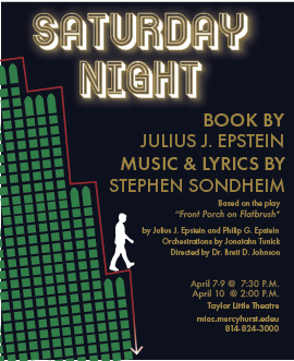 A Poster for the play Saturday Night. It shows the main character walking down the new york skyline, represented by a falling stock line. In front of him is information about the play.