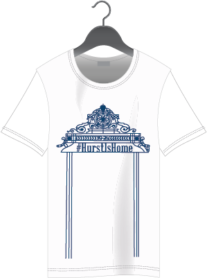 A T-shirt mockup featuring mercyhurst's famous gate. It features the #HurstIsHome Hashtag the campus is known for.