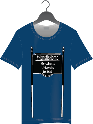 A T-shirt mockup featuring the verious locational signs spread throughout mercyhurst It features the #HurstIsHome Hashtag the campus is known for.