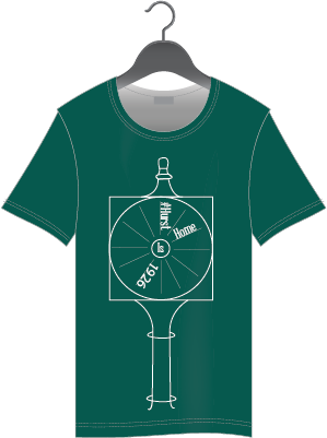 A T-shirt mockup featuring mercyhurst's clock, located in its main plaza. It features the #HurstIsHome Hashtag the campus is known for.