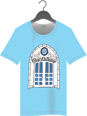 A T-shirt mockup featuring the front door of mercyhurst's cental church. It features the #HurstIsHome Hashtag the campus is known for.